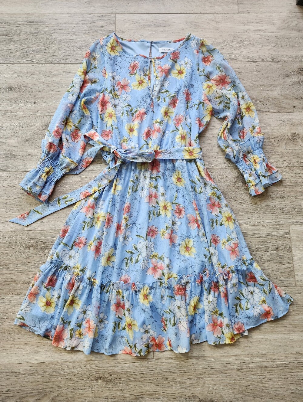 Calvin Klein Blue Shimmer Floral Dress Womens 4 Ruffle Metallic Feminine